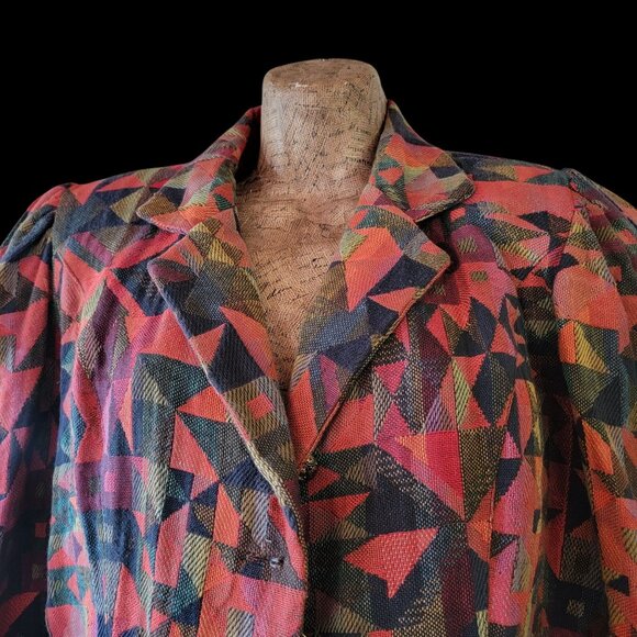 Vintage 90s Geometric Pattern Cropped Blazer Jacket With Statement Buttons - Picture 2 of 11